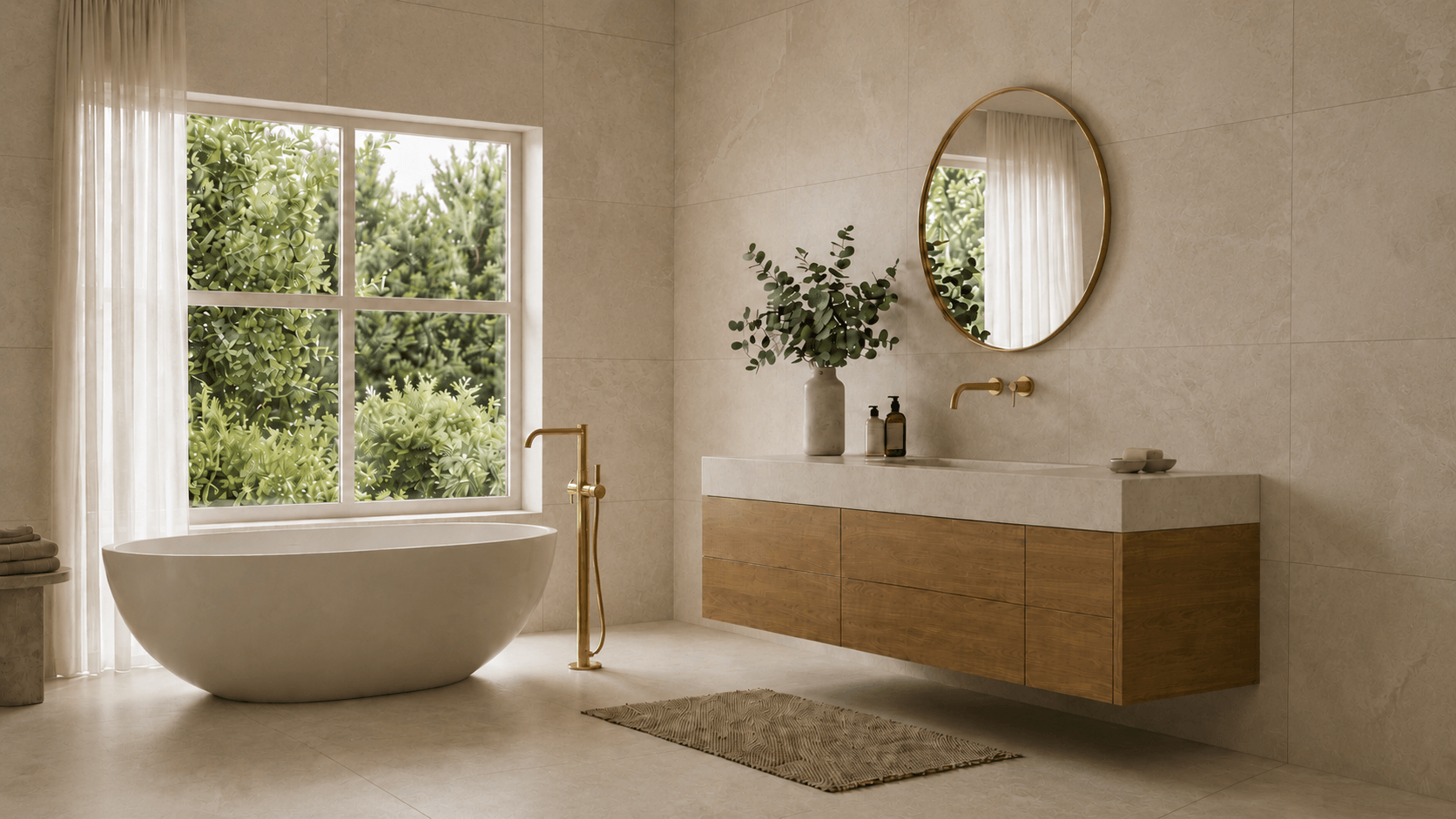 Luxury bathroom with freestanding bathtub and brass fixtures
